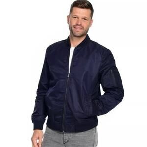 Bleecker & Broad Mens Kaleb Bomber Jacket Navy Blue Sleeve Pockets Full Zip Sz L
